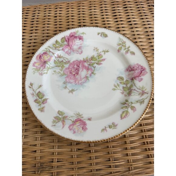 Antique 1920s Haviland France Limoges Pink Cabbage Rose Gold Trim Plate